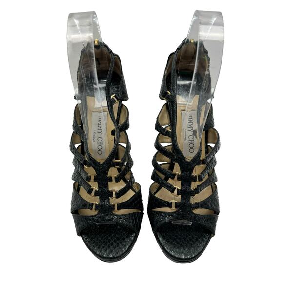 Jimmy Choo Black Leather Green Shimmer Gladiator Cage Platform Stiletto Sandals - Picture 2 of 11